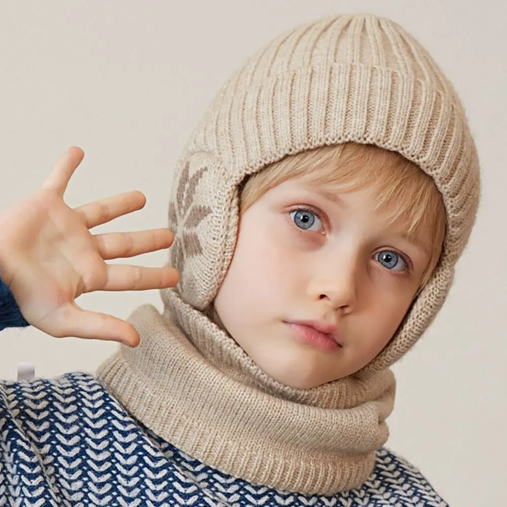 

Soft Solid Color Ear Protection Wool Caps Coldproof Muffler Children Knitted Benines Thickened Plush Pullover Hat Winter