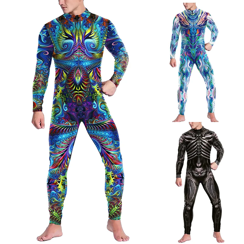 2024 Retro Punk 3D Printed Jumpsuit Men Cosplay Costume Steampunk  Machinery Halloween Zenti Party Colorful Bodysuit