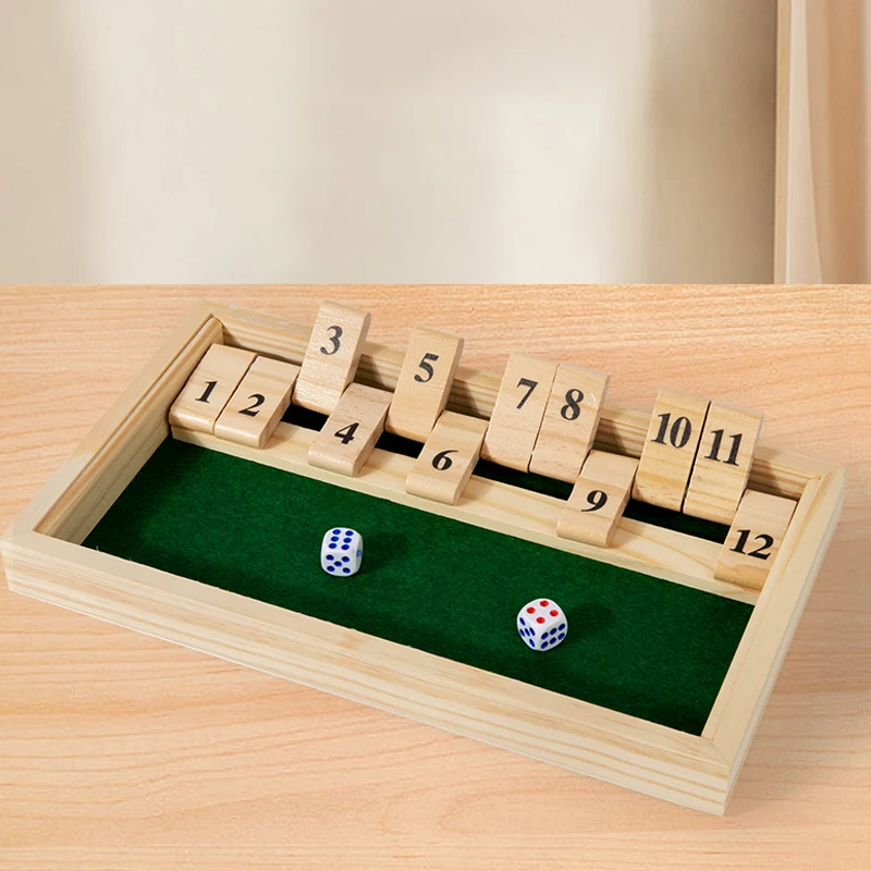 Shut The Box-Spiel – Zahlenbrettspiel aus Holz mit zwei Würfeln, tragbares Reise-Familien-Partyspiel für Erwachsene und Jugendliche, Strategiespiel