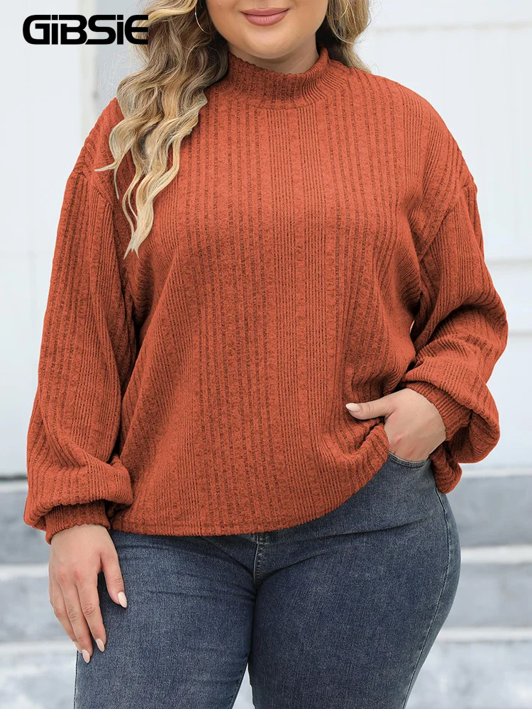 GIBSIE Plus Size Mock Neck Ribbed Knit T Shirt Women Fashion 2023 Spring Fall Casual Drop Long Sleeve Tee Tops Winter Clothes