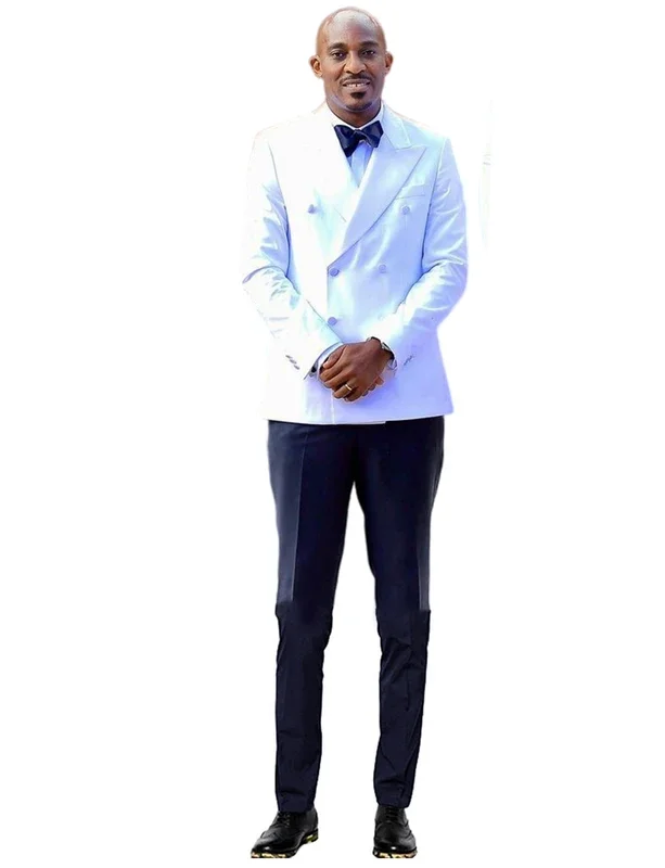 White Men\'s Two Pieces Suit Peak Lapel Double Breasted Blazer Pants Tuxedos Prom Groom Wedding Business Suits