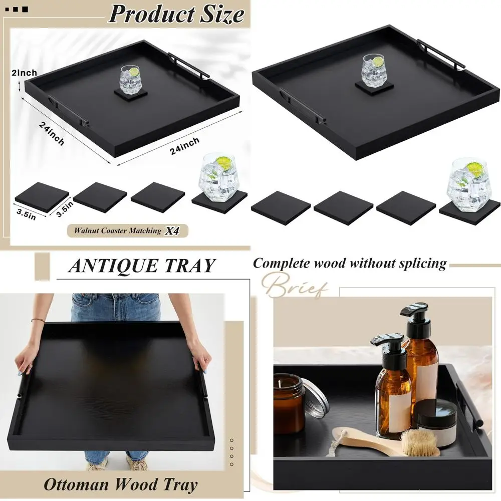 

24-дюймовый квадратный деревянный поднос-оттоманка с металлическими ручками и 4 ножками – сервировочный поднос для кофе, чая, декора гостиной (черный)