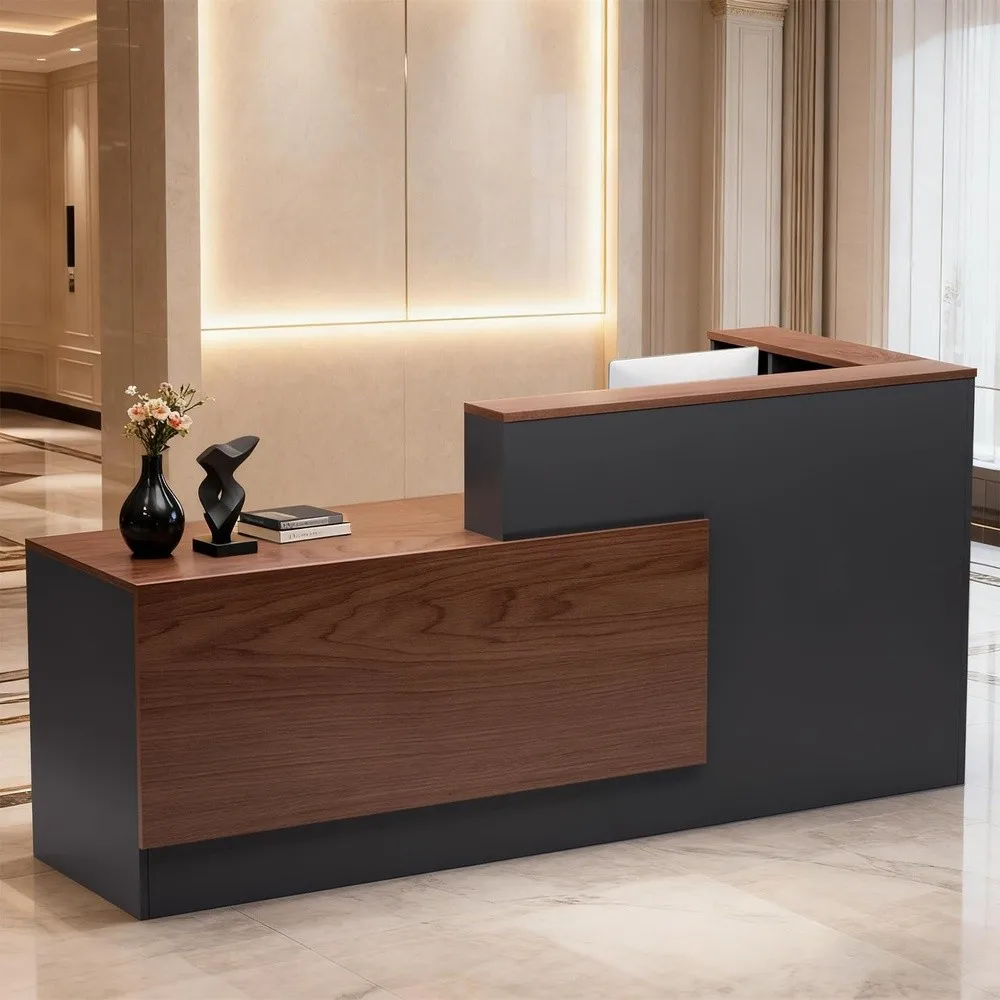L Shaped Large Wooden Reception Desk Modern Front Desk Reception Counter with Lockable Drawers & Storage & Keyboard