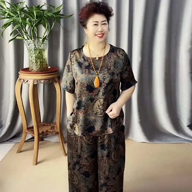 Middle-Aged  Elderly Mothers Summer Women 2022 New Fashion Loose  Thin Retro Printing Two-Piece Set