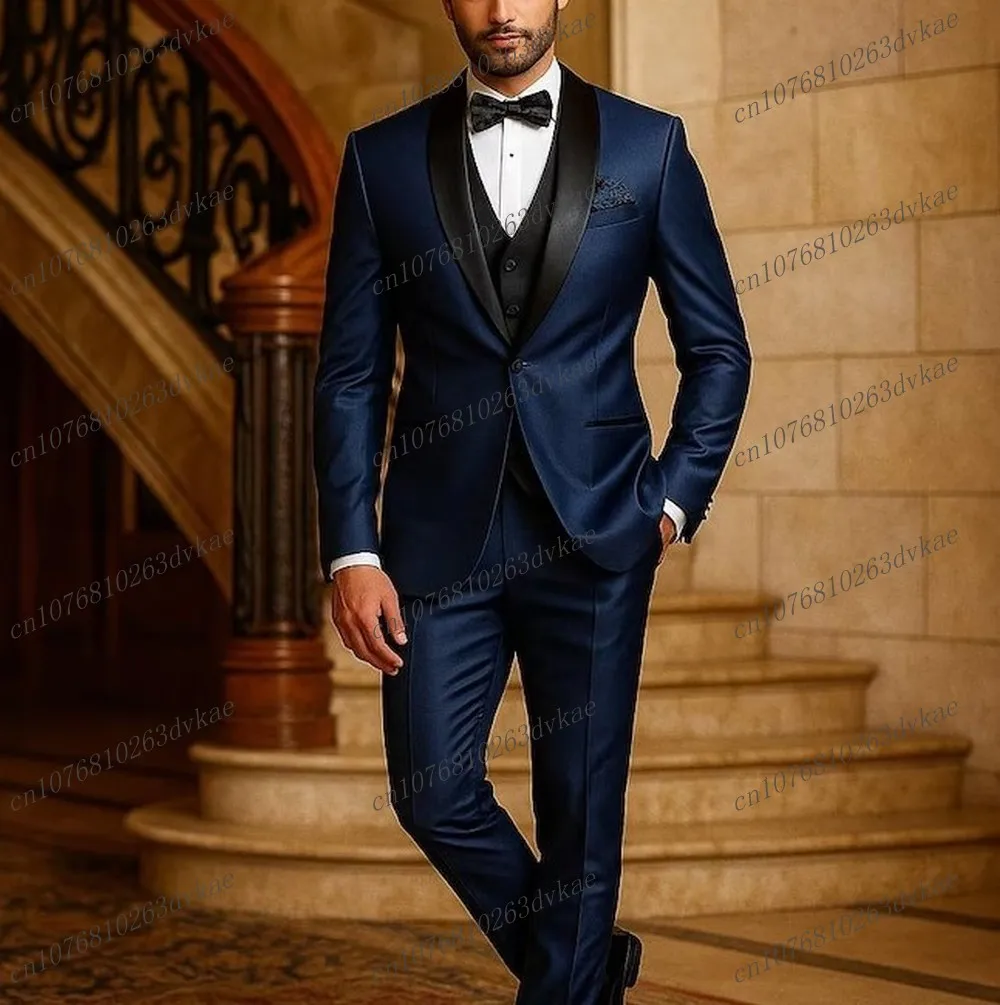 

Новый темно-синий и черный мужской костюм для свадебной вечеринки, формального жениха, жениха, выпускного вечера, делового мужского смокинга, комплект из 3 предметов, куртка, жилет, брюки