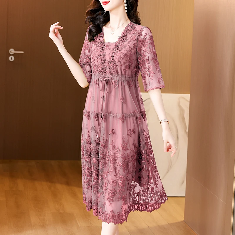 2024 Summer Floral Loose 4XL Plus Size Mulberry Silk Dress Vintage Casual Chiffon Midi Dress Women Elegant Bodycon Party Vestido