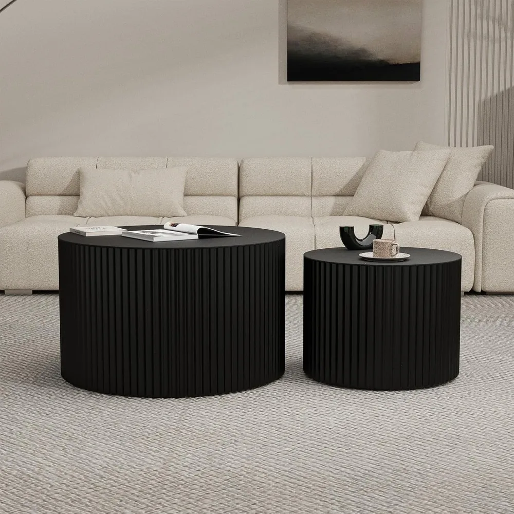 Modern Nesting Coffee Table Set - 2 Piece Circle Wood Table Collection, Handcrafted Drum Style Tables for Living Room