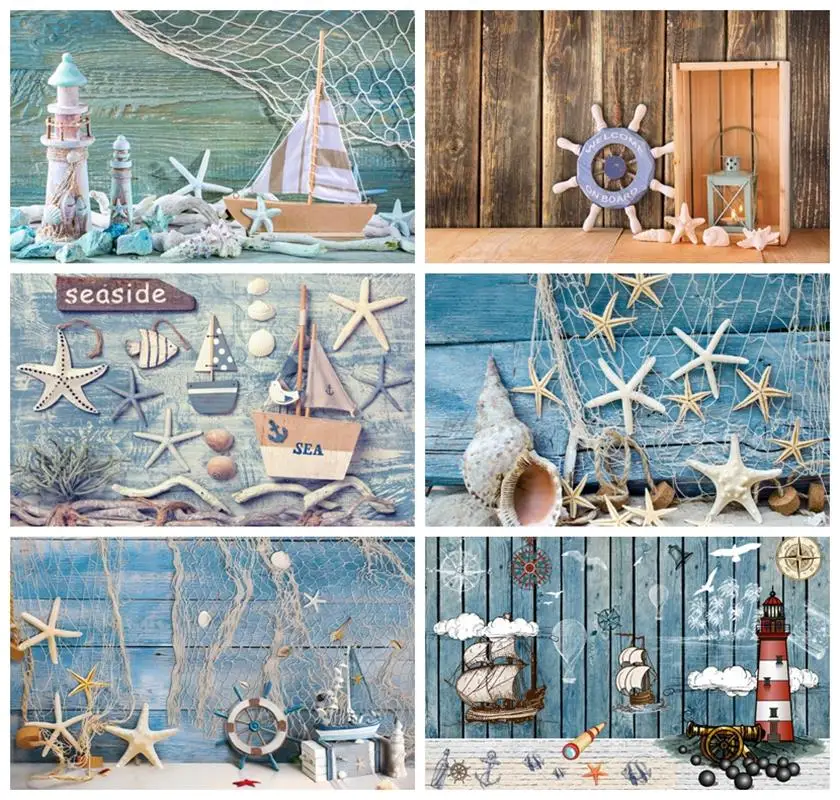 Nautical Rudder Starfish 1st Birthday Backdrop Wooden Board Boat Sea Beach Theme Kid Baby Photography Backdrops For Photo Studio