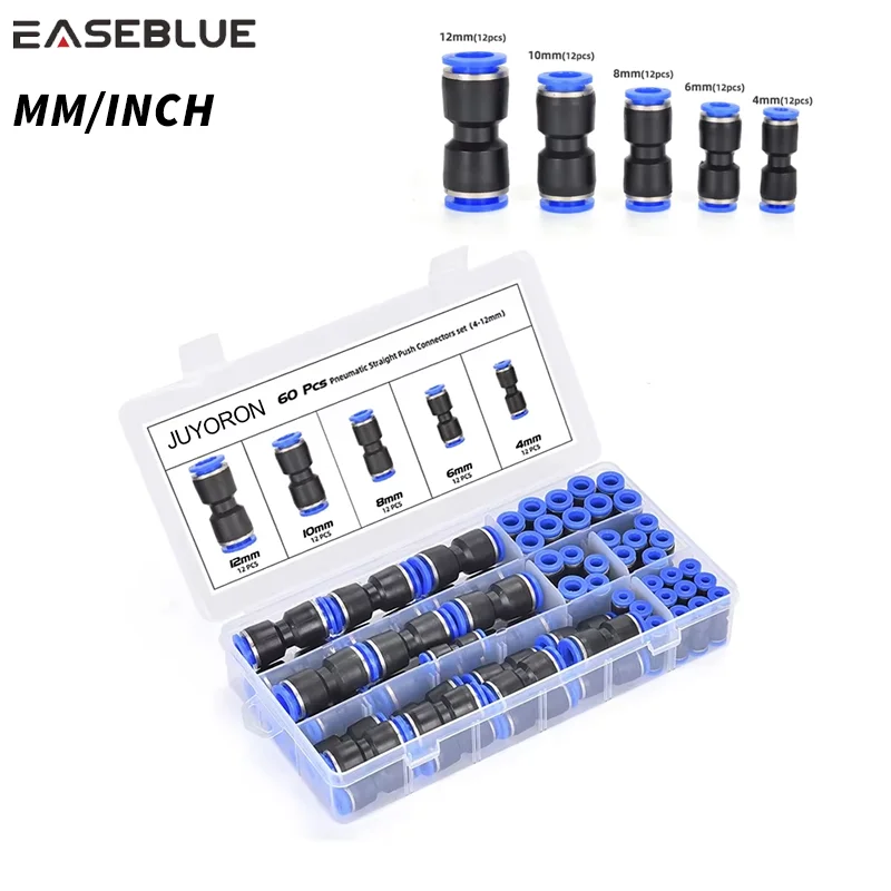 60pcs/boxed 4 6 8 10 12mm 1/4 5/16 5/32 3/8 1/2 inch PU Pneumatic Fittings Air Push in Quick Connector Straights Tube Hose Pipe