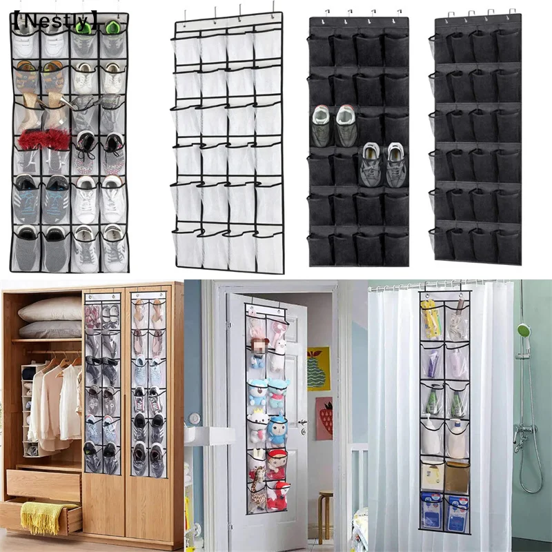 12/24 Grids Wall-Mounted Sundries Shoe Organiser Fabric Closet Bag Storage Rack Mesh Pocket Clear Hanging Over Door Box〔Nest〕