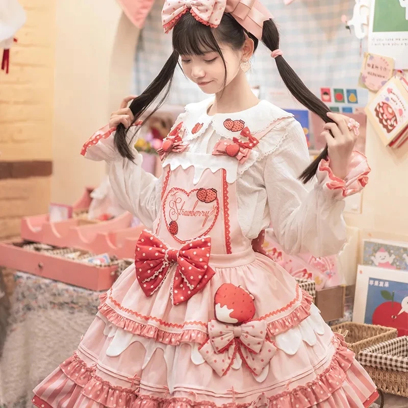 Pastoral Style Kawaii Girl Cosplay Lolita Jsk Sweet Loli Cute Strawberry Polka Dot Dress Ruffled Bow Peter Pan Collar Top Coat