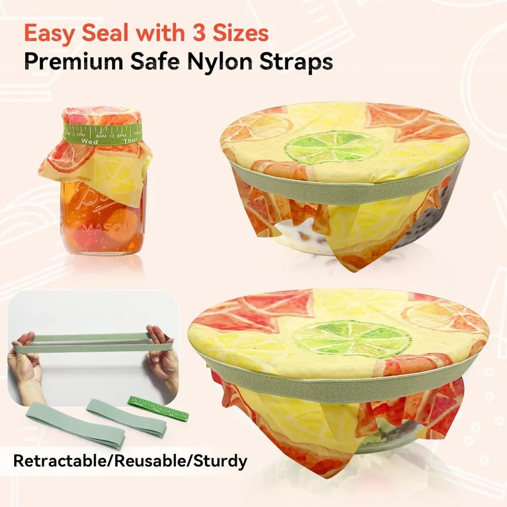 Reusable Beeswax Food Wraps with Elastic Bands, Sustainable Bowl Covers, Eco-Friendly Sandwich and Cheese Wraps, Assorted Sizes view 5