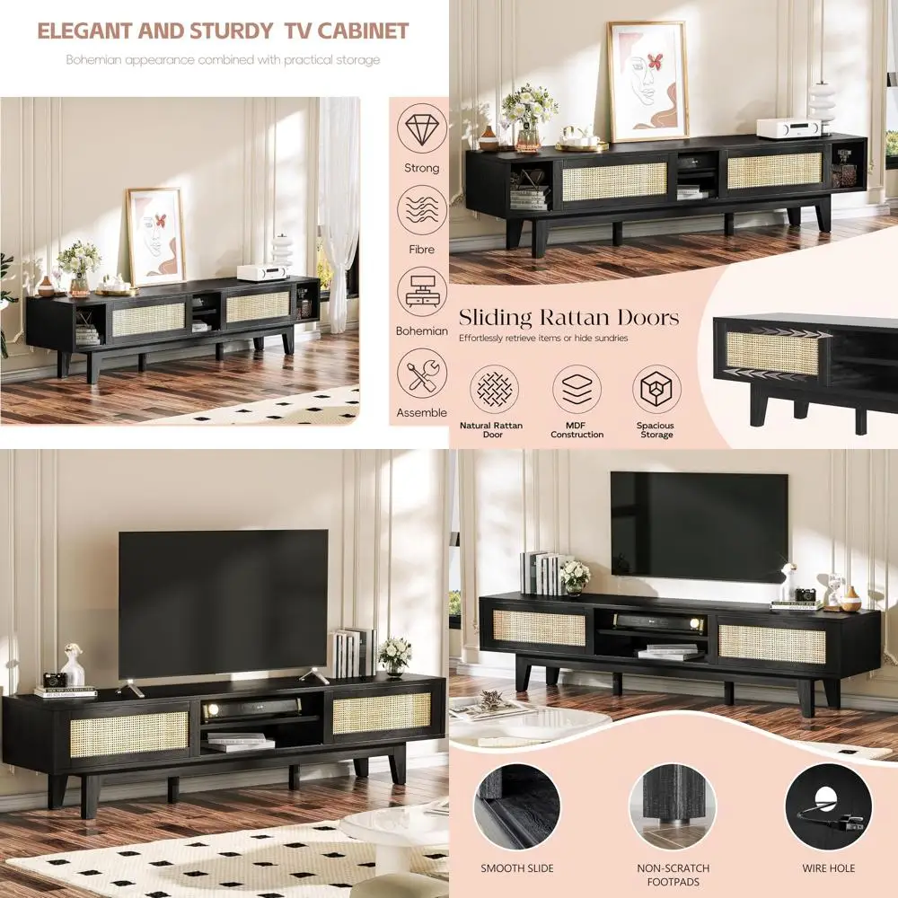 

Mid Century Modern 65 TV Stand, Black Rattan Console with Sliding Doors for Living Room