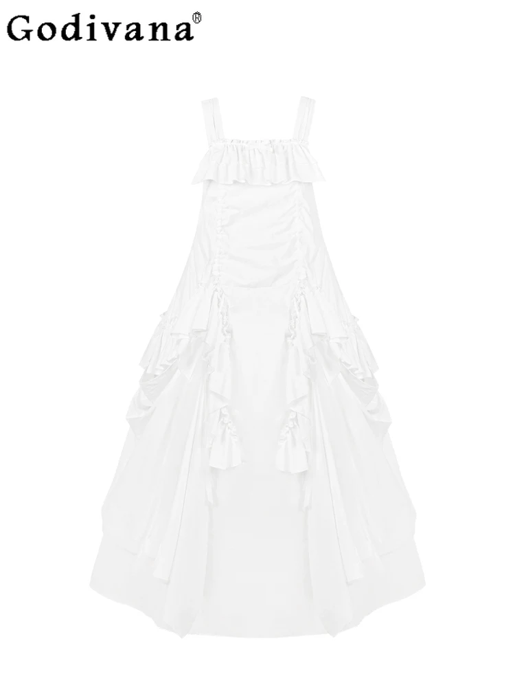 

Summer New Fashion Versatile Loose Gothic Lolita Suspender Dresses Handsome Girls Temperament Square Collar Irregular Dress