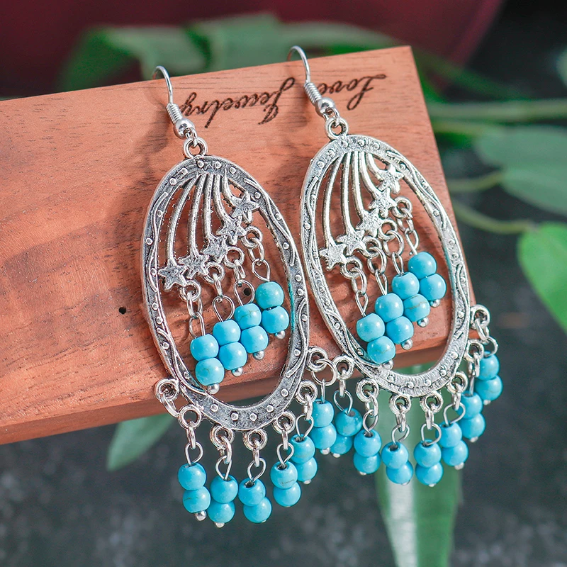 

Bohemian Turquoise Stone Beads Tassel Drop Earrings for Women Girls Party Festival Jewelry Gifts