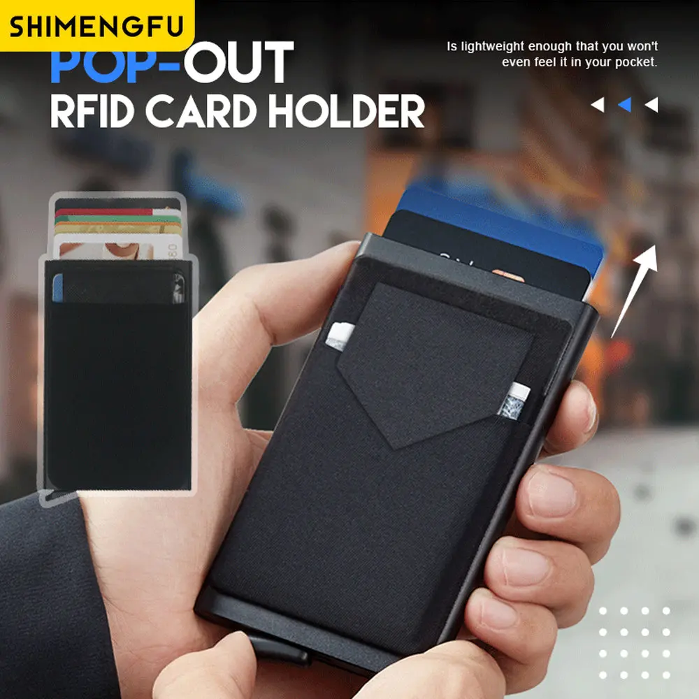 SHIMENGFU Rfid Thông Minh Ví Đựng Thẻ Ví Kim Loại Mỏng Slim Nam Nữ Ví Bật Lên Tối Giản Ví Nhỏ Da Đen Kim Loại vallet