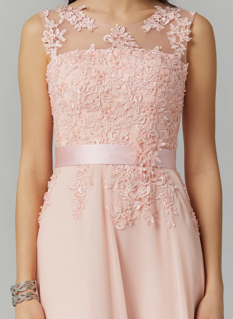 

Birthday Party Gowns A-line Lace Up Applique Sashes Sleeveless Chiffon Prom Dress O-Neck Lace Evening dresses Customized