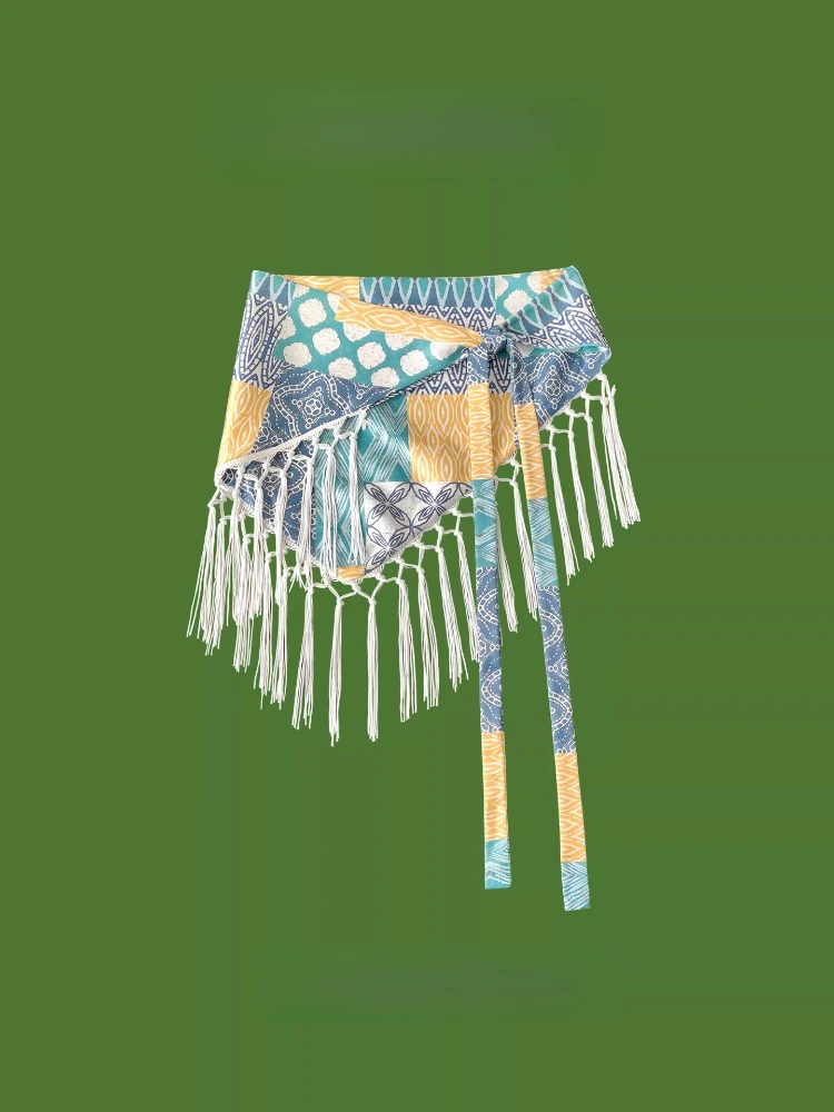 Vintage Luxury Paisley Print Fringe Triangle Waist Scarf Belt for Women, Adjustable Hip Tie Waist Daily Outing Waist Accessory