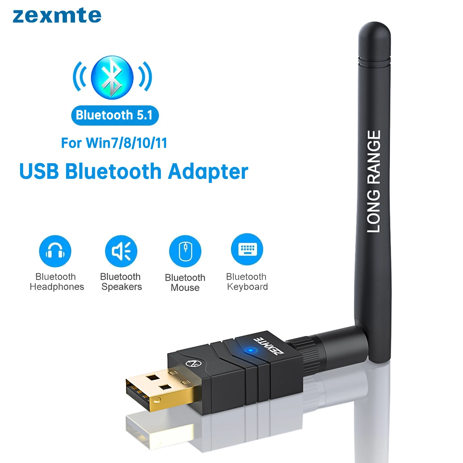 Zexmte 100M Adapter USB Bluetooth 5.1 20M 50M Bluetooth Dongle Nadajnik-odbiornik audio dla Windows 10/8/8.1 Adaptador