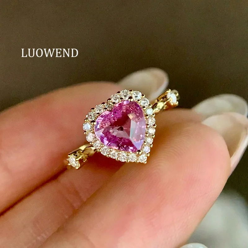 

LUOWEND 100% 18K Yellow Gold Rings Romantic Heart Shape Shiny Diamond Natural Padparadscha Sapphire Ring for Women Fine Jewelry