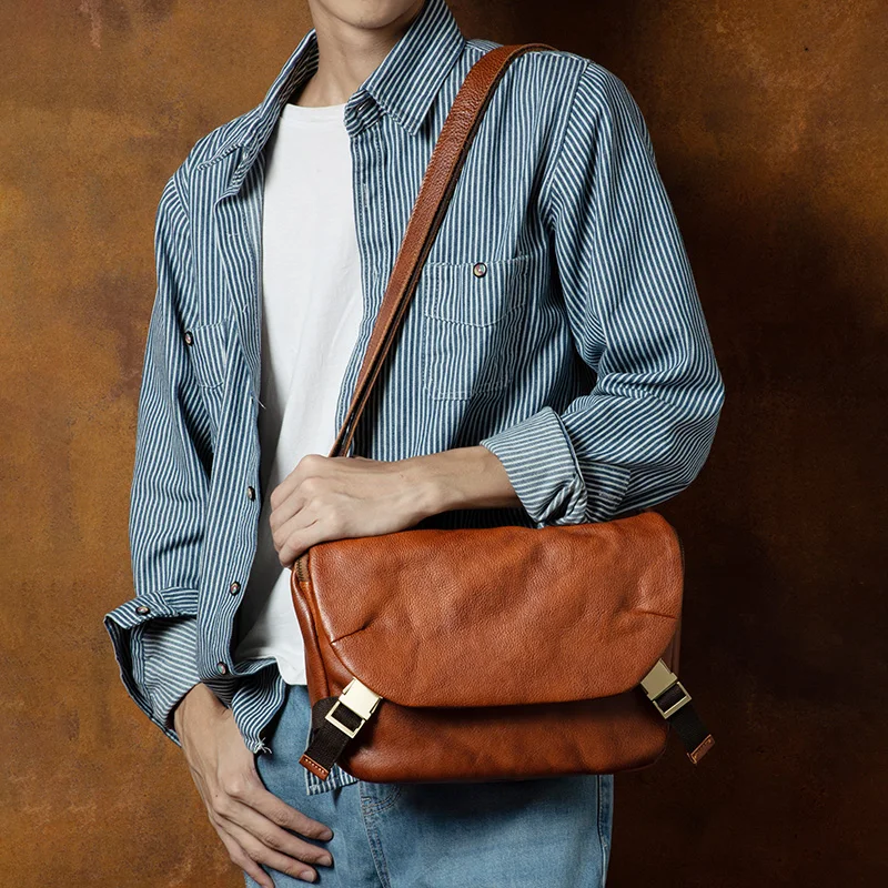 Functional Messenger Bag MEN\'S Ins Tide Leather Shoulder Bag Retro MEN\'S Casual Vegetable Tanned Leather Messenger Bag