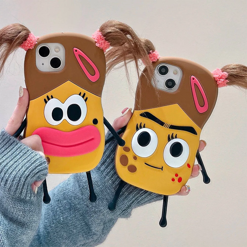 Korean Super Cute 3D DIY Braid Sausage Mouth Pot-face Ugly Girl Silicone case for iphone 15 12 13 14 Pro Max Funny Cartoon Cover