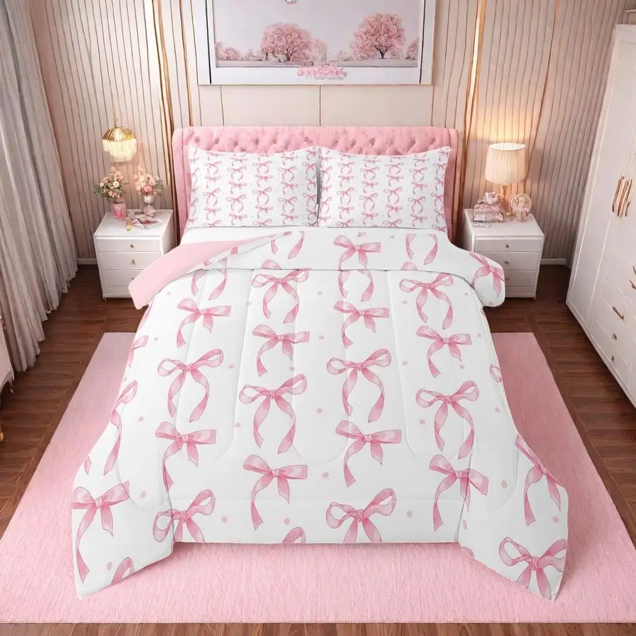 

Cute Pink Bow Twin Bedding Set for Girls,Ribbon Bow Knot Comforter Set for Kids Kawaii Room Decor,Princess Bowknot Bed Set Girly