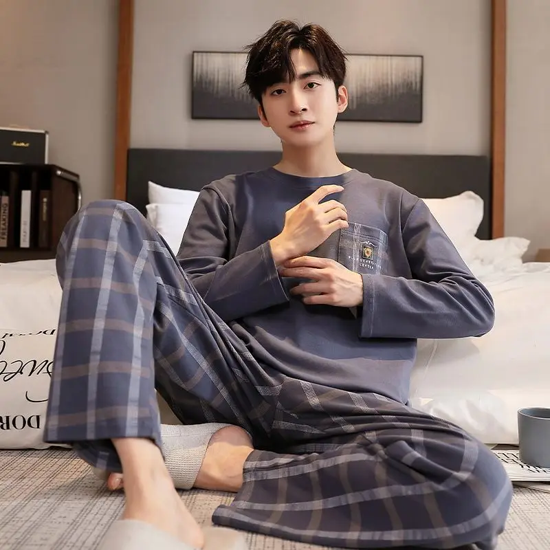 2025 Autumn Plus Size Long Sleeve Cotton Pajamas Sets for Men Korean Casual Plaid Sleepwear Pyjamas Male Homewear Home Clothes