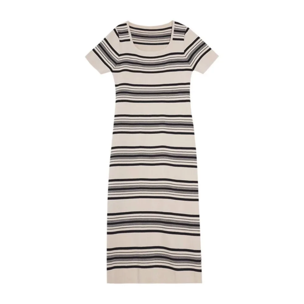 

Sweet Square Neck Stripe Long Dress Slim Fit Simple Short Sleeve Dresses Spicy Girl Beachwear Stripe Knitted Dress Summer