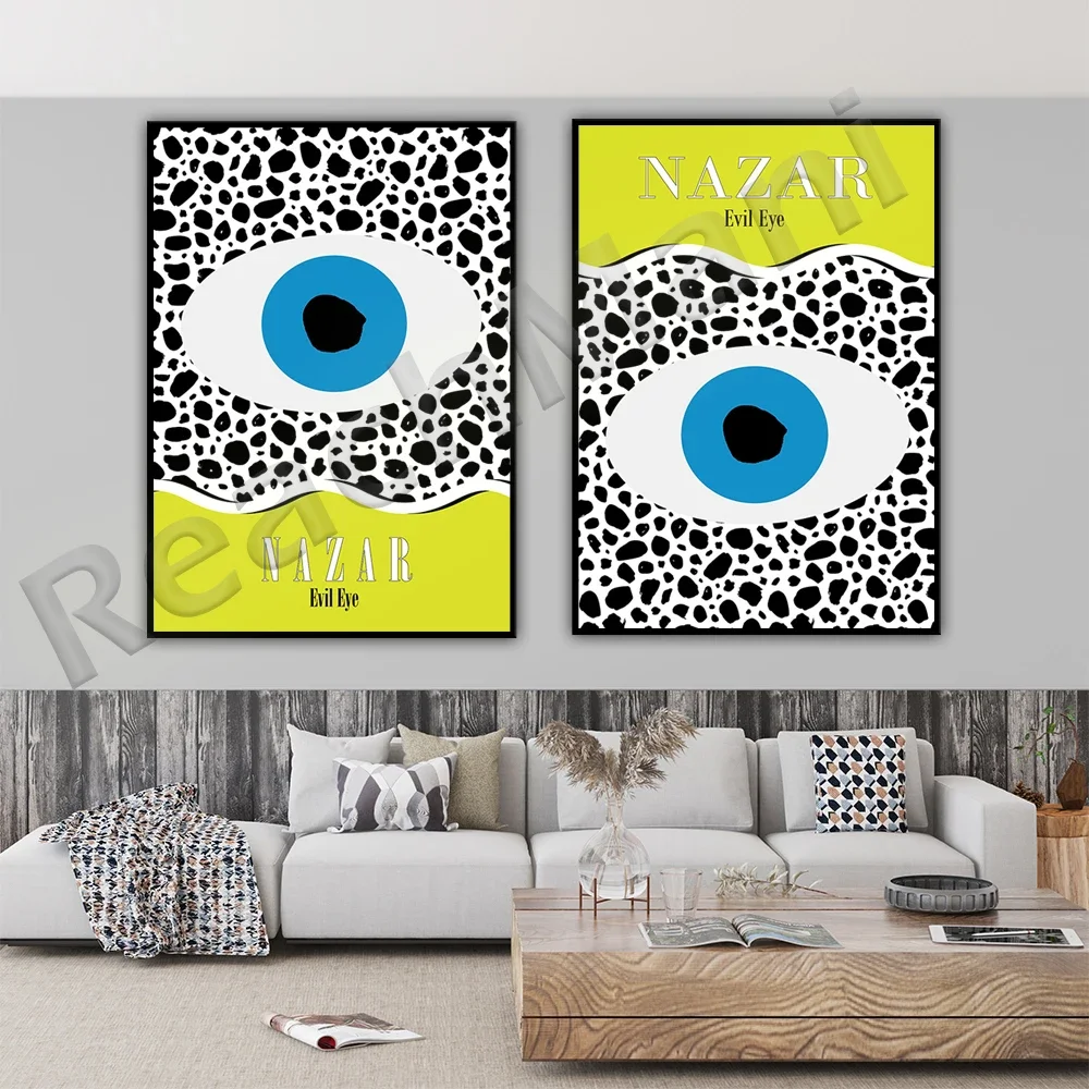Evil Eye Nazar Poster - Charm Mid Century Modern Abstract Wall Art Print, Blue, Black Abstract Print, Modern Retro Art