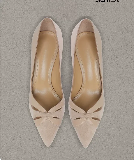 Naked high heels for women with pointed toes and fine heels, French style temperament, leather velvet patchwork single shoe