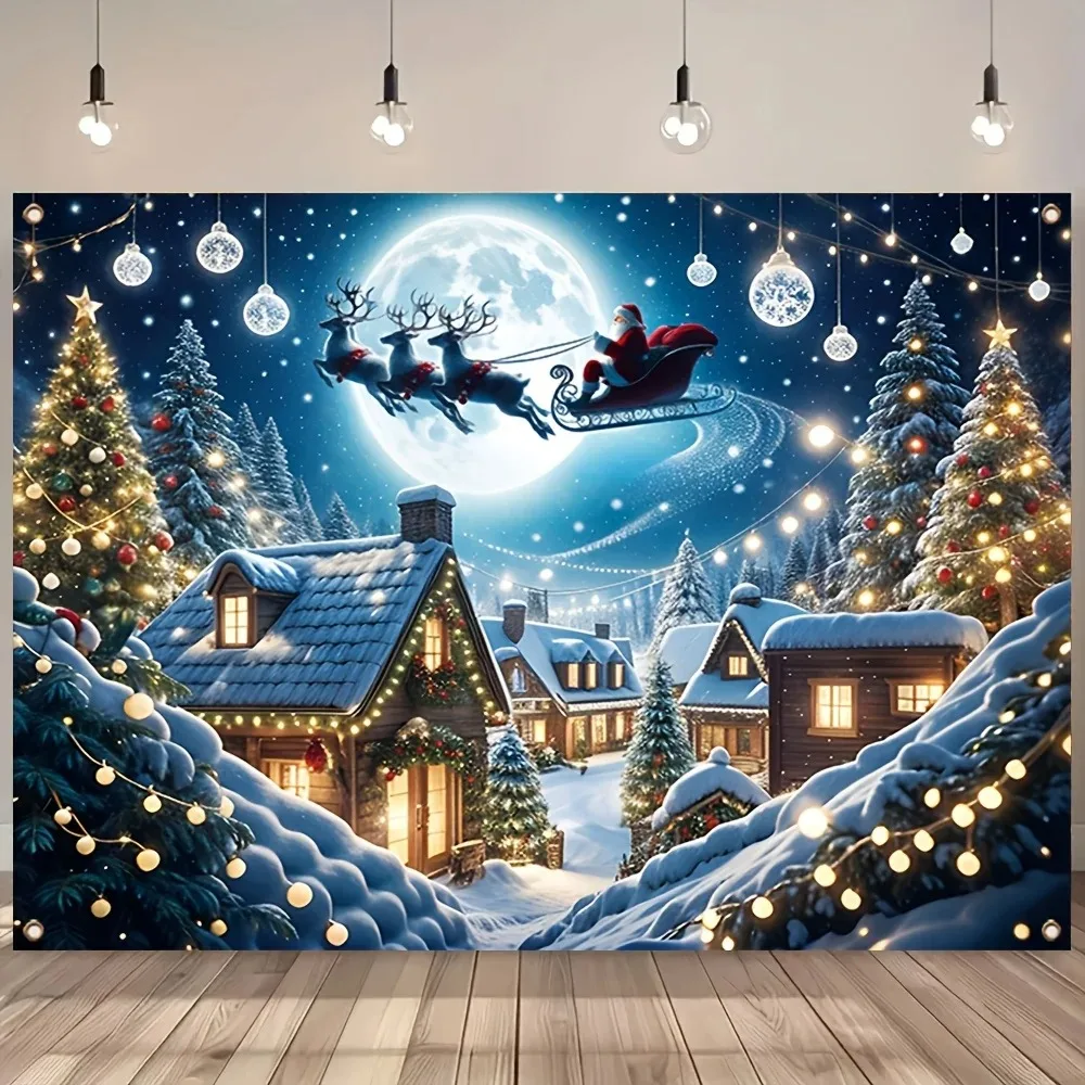 Santa Claus Christmas Tree Snow Scene Theme Horizontal Blessing Background, Festival Party, Home Decoration Photography Backdrop