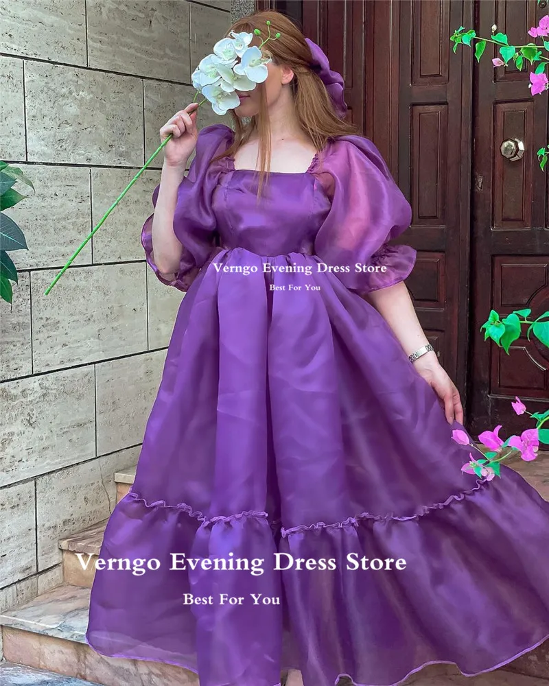 Verngo New Dark Purple Organza Evening Dresses 2022 Puff Half Sleeves Square Neck Tiered Ankle Length Prom Gown Party Dress