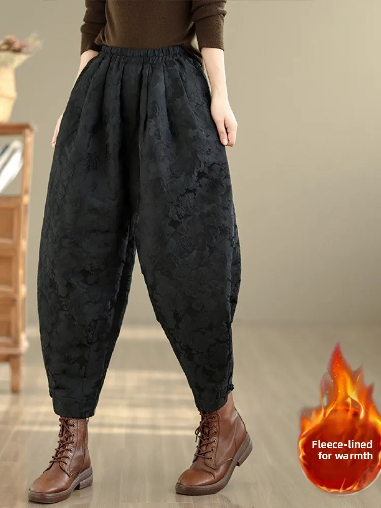 

High-End Retro Embroidered Silk Linen Women's Winter Pumpkin Pants Large Size Fce-Lined Warm Mommy Lantern Pants