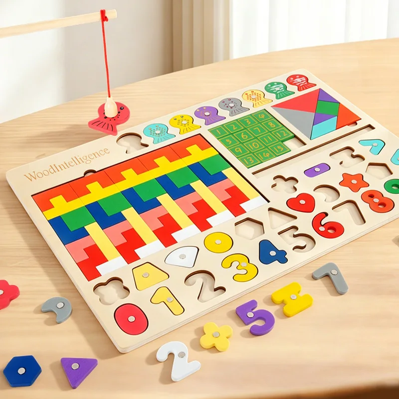 5-in-1 Montessori Wooden Toys Kids Busy Board Shape & Number Matching Magnetic Fishing Digital Education Toys Preschool Learning