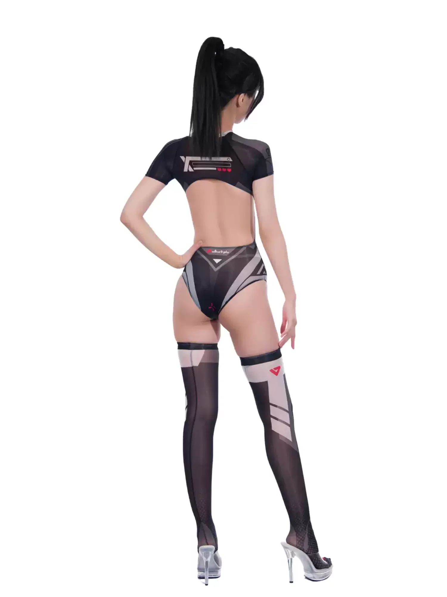 ASHOTPLZ Original Anime Racing Swimsuit 10D Black Silk See Throug Future Style Print Series Short Sleeve OnePiece  for Women