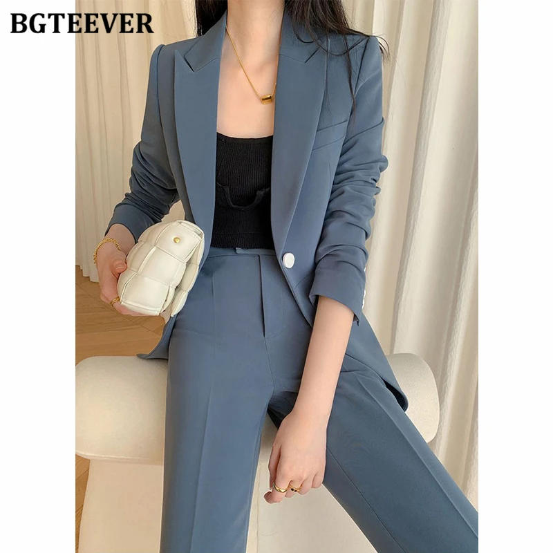BGTEEVER 세련된 루즈핏 여성 바지 정장 긴 소매 싱글 버튼 블레이저 & 플레어 정장 바지 여성 2피스 세트