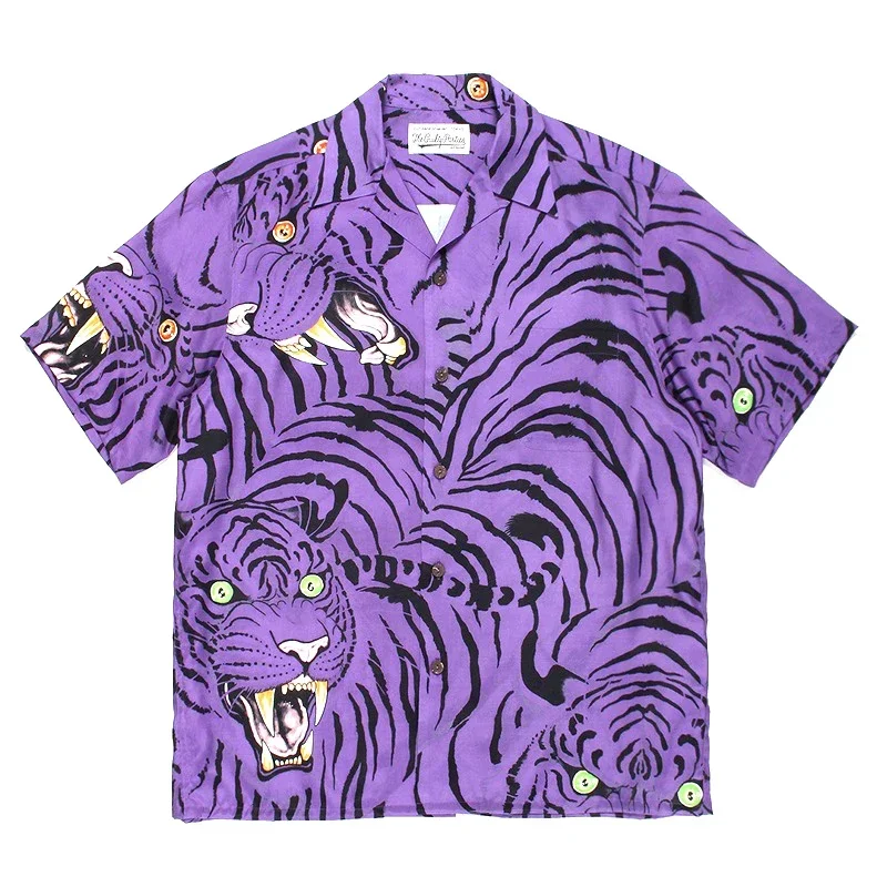 

WACKO MARIA Shirt TEE Polyester Black Dragon Tiger Printing Render Short Sleeve Thin Lapel Breathable Button Men Women Oversize