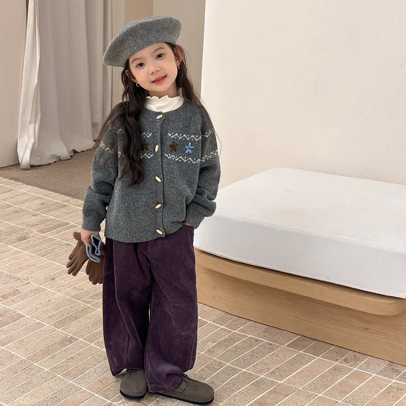 2025 Autumn New Fashion Girl Baby Handmade Retro Small Flower Sweater Knitted Cardigan Jacket Boutique Clothing Simple Style