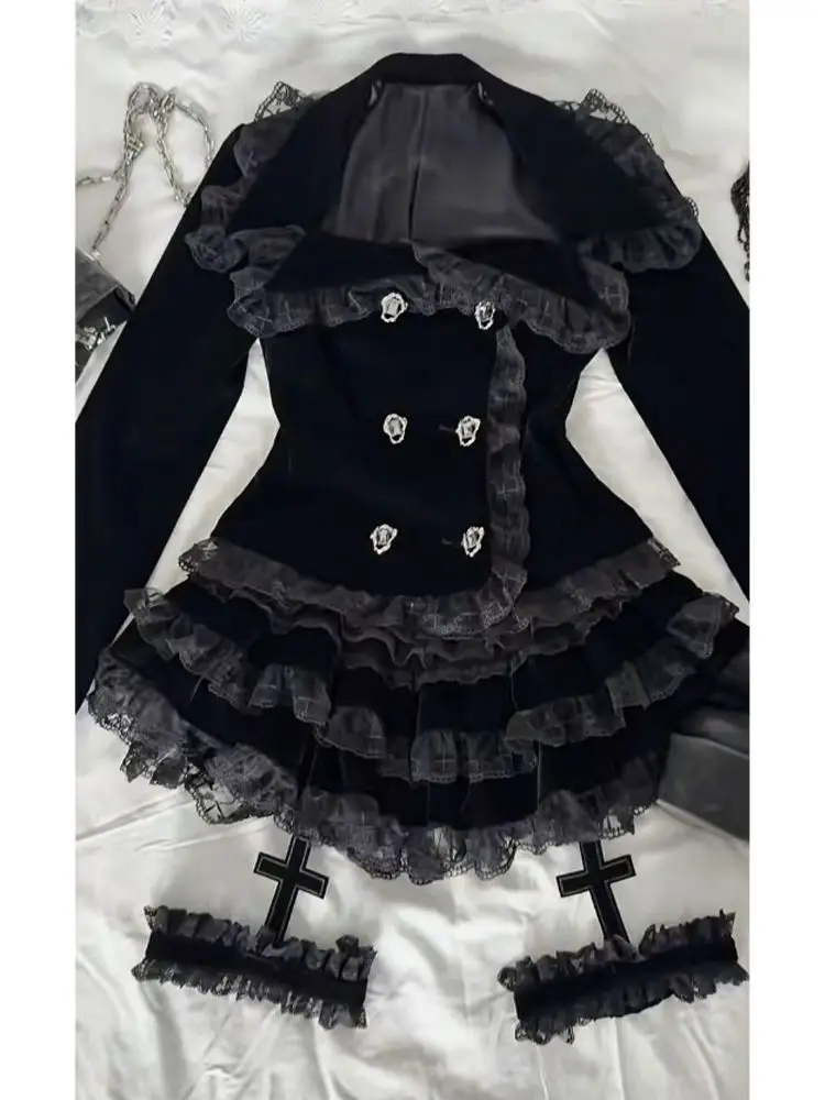 Gothic Palace Style Lace Black 2-piece Set Women High Street Darkly Slim Patchwork Cross Cake Skirt Suit Y2k Hot Girl Outfits