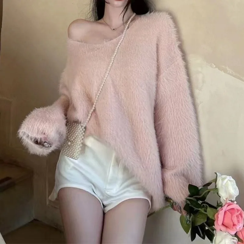 

Hsa 2023 New V-neck Women's Solid Color Pullovers Knitted Loose Basic Soft Glutinous Lazy Style Mohair Sweater Tops