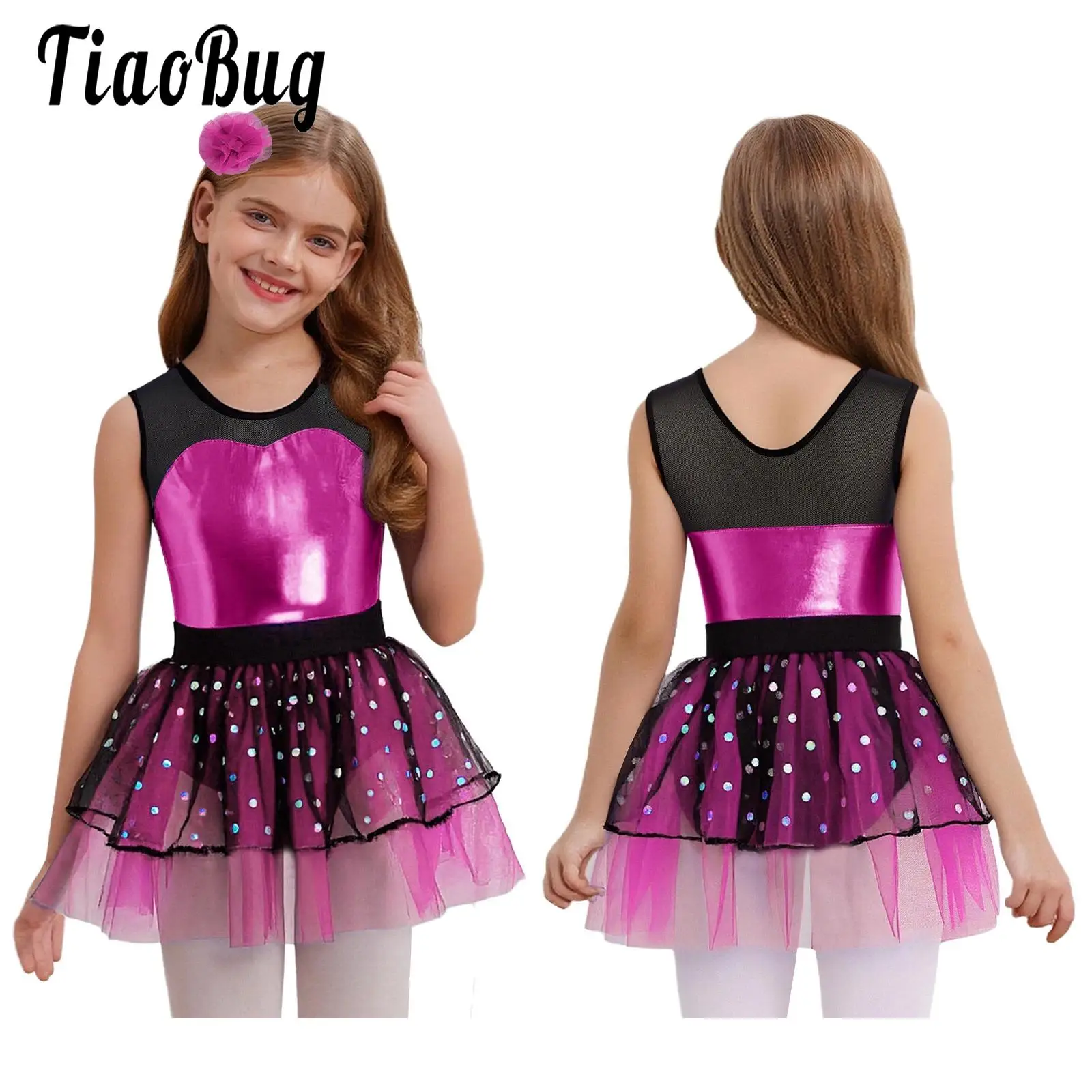 

Kid Girls Dance Tulle Ballet Dress Performance Competition Dancewear Sleeveless Metallic Bodice Mesh Tutu Dress and Headwear Set