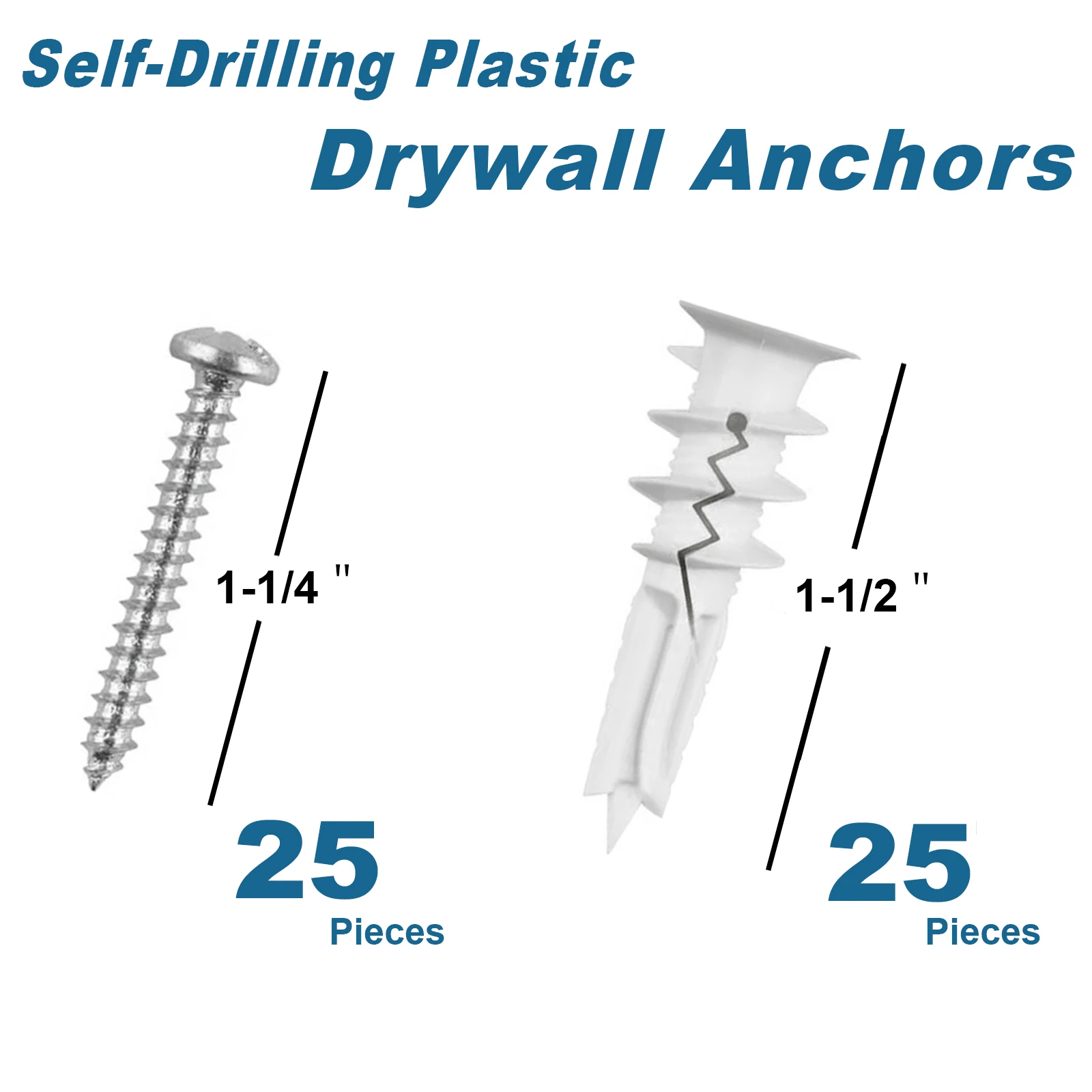 ネジ付きセルフドリル乾式壁プラスチックアンカー、事前穴あけ不要、壁取り付けネジ、 #8、50個