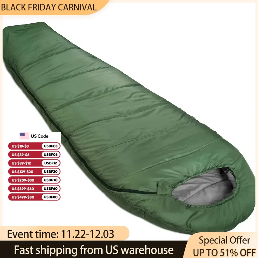 Sleeping Bag 3-Season 20 Degree F Mummy  for Camping and Hiking, Olive Green Outdoor Camping Cotton Winter Warm Sleeping Bags