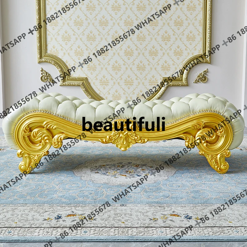 

European style bedside stool bedroom solid wood soft bag husband and wife bed changing shoes leather small sofa bench