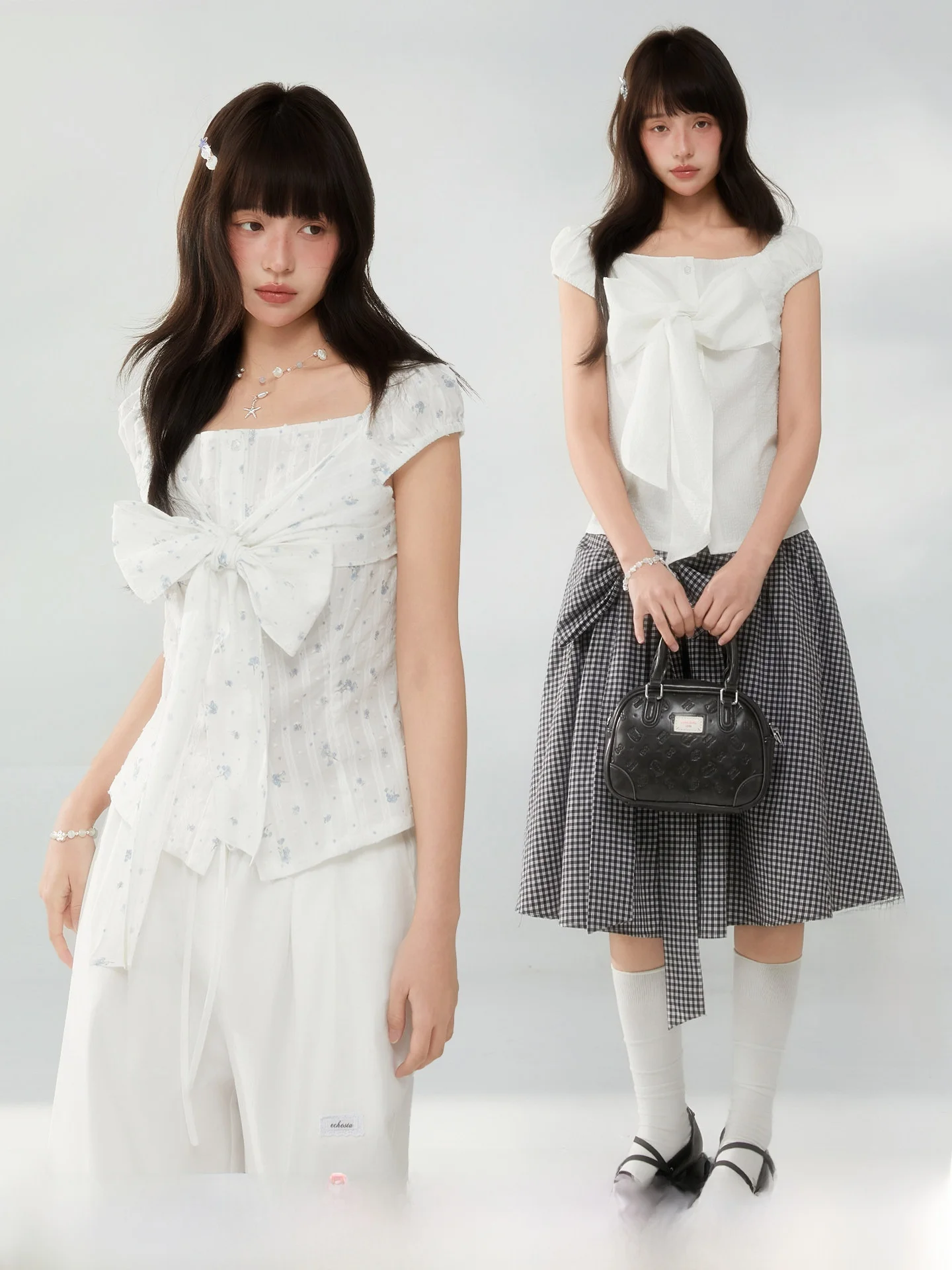 

STA White Day Poem Floral Tie Knot Design Slimming irt Top Women Spring Summer Sweet Sle Cotton Bubble Sve