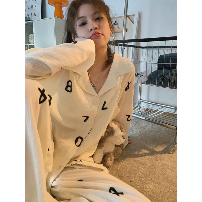 Number Sleepwear Women Pajama Sets Korean Piiama Pocket Night Wears Autumn Pants Sets 2 Pieces Button Long Sleeve Home Suit New