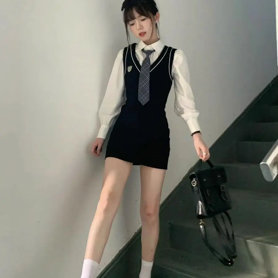 Two New Two-piece Dress Women Casual Long Sleeve Blouse + Slim College Y2k Sweet Spicy Fashion Elegant Polo Collar Dress