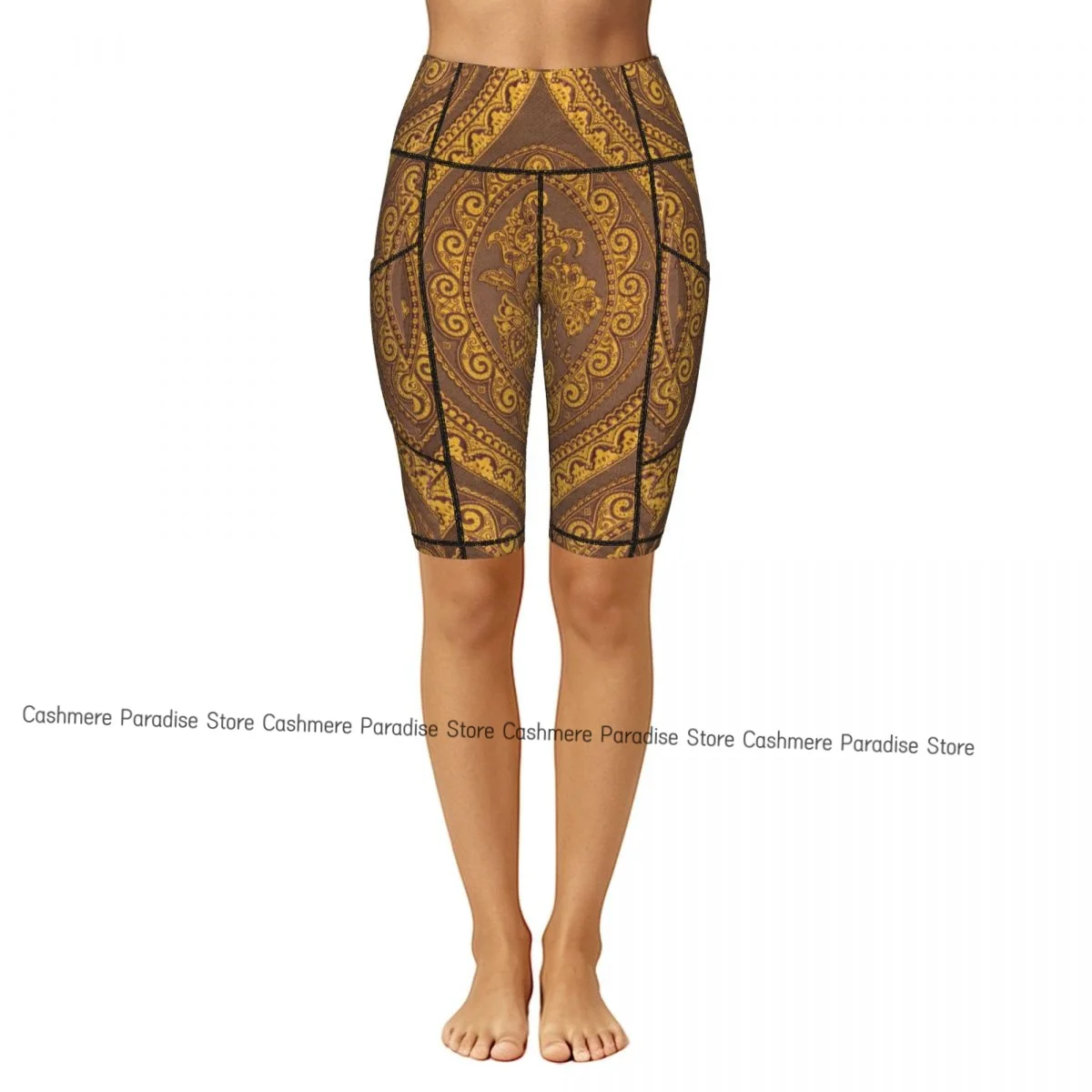 Double Pocket Sports Shorts Women Elastic Slim Golden Flower Ring Shorts Gym Exercise Running High Waist Yoga Fitness Shorts