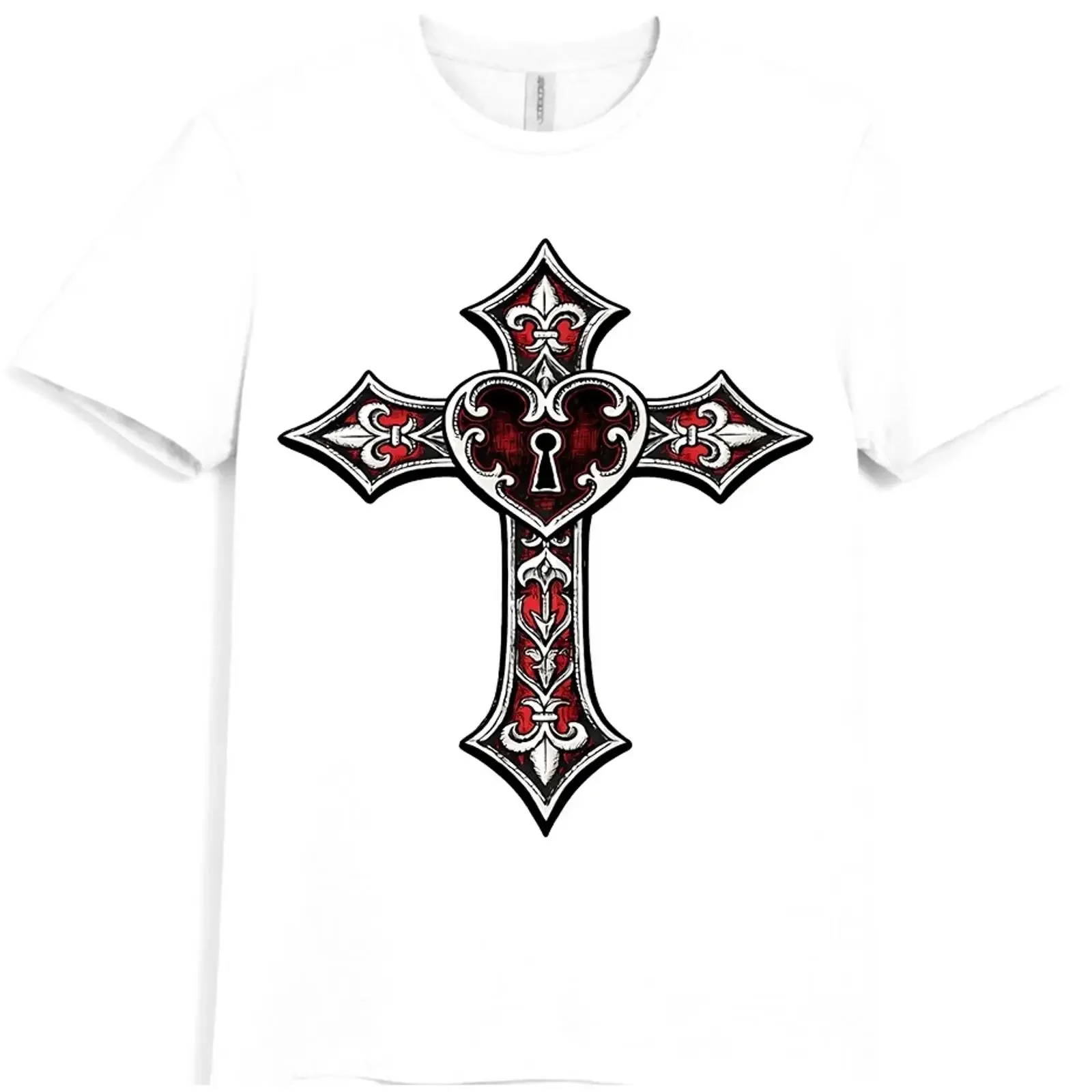 Gothic Cross T Shirt Heart Lock Keyhole Tattoo Style Religious  vintage Washed Top For Everyday Wear streetwear Stylish